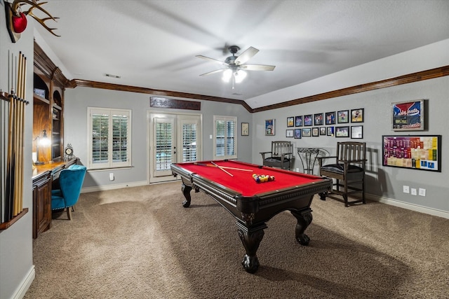 rec room featuring baseboards, visible vents, carpet flooring, and french doors