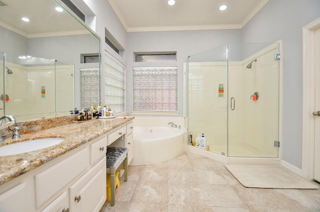 bathroom with vanity, tile patterned floors, ornamental molding, and independent shower and bath