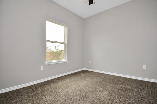 unfurnished room featuring ceiling fan and carpet flooring