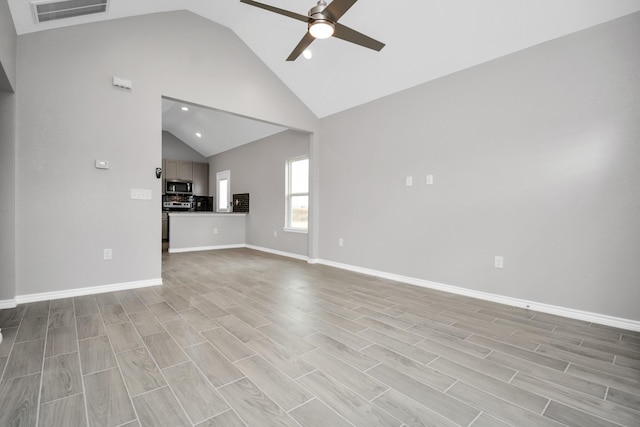 unfurnished living room featuring high vaulted ceiling, light wood-type flooring, and ceiling fan