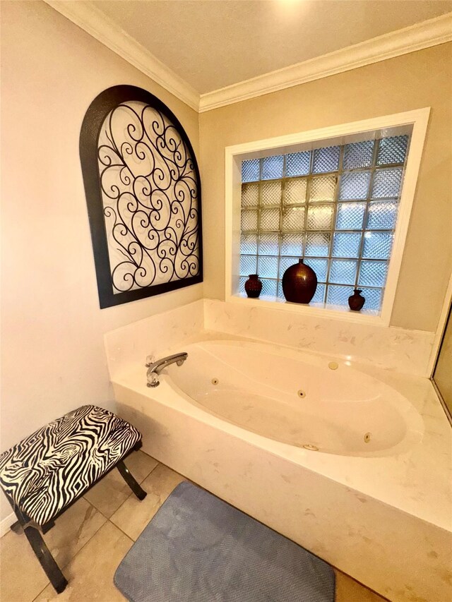 125 Clear Spgs, Trinity, TX 75862 - bathroom with a tub with jets, crown molding, and tile patterned floors