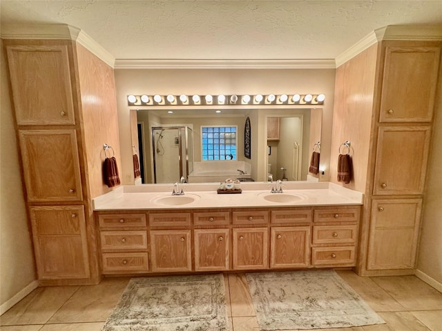 125 Clear Spgs, Trinity, TX 75862 - full bath with a shower stall, double vanity, a textured ceiling, baseboards, and crown molding