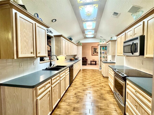 125 Clear Spgs, Trinity, TX 75862 - kitchen featuring stainless steel appliances, a sink, light wood-style flooring, lofted ceiling, and dark countertops