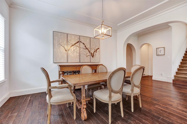 dining room with plenty of natural light, crown molding, stairs, and dark wood-type flooring