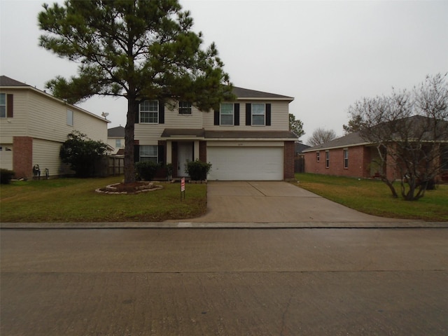 front facade with a garage and a front lawn