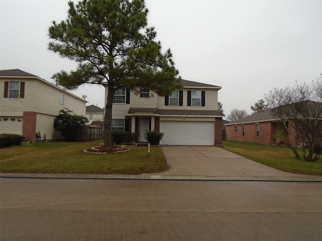 view of front property featuring a garage and a front lawn