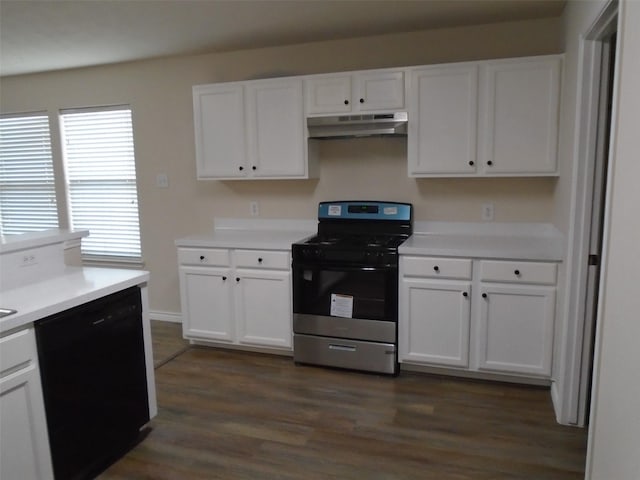 kitchen featuring dark hardwood / wood-style flooring, white cabinets, gas range oven, and dishwasher