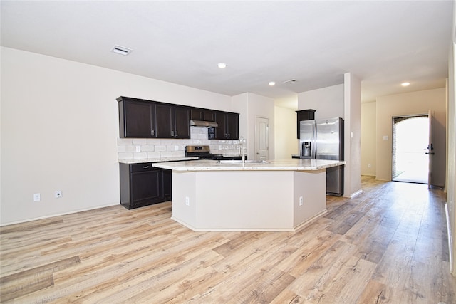 kitchen with sink, appliances with stainless steel finishes, a kitchen island with sink, light hardwood / wood-style floors, and backsplash