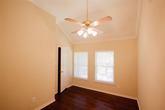 unfurnished room featuring crown molding, ceiling fan, lofted ceiling, and dark hardwood / wood-style flooring