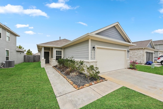 single story home with central AC unit, an attached garage, fence, concrete driveway, and a front lawn