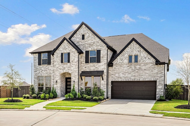 french country style house featuring a garage and a front yard