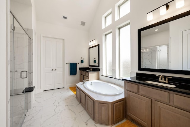 bathroom with plenty of natural light, shower with separate bathtub, and vanity