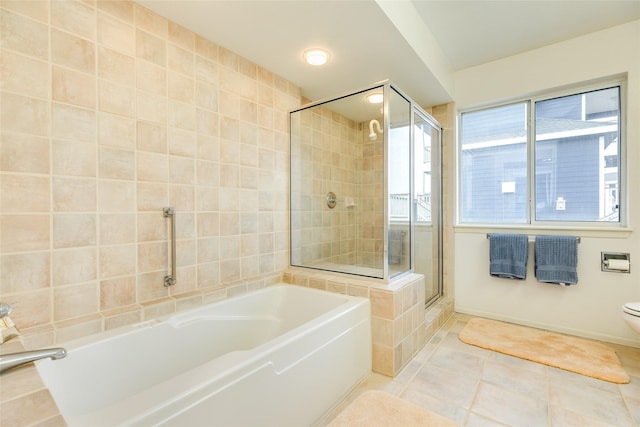 bathroom with toilet, independent shower and bath, and tile patterned flooring