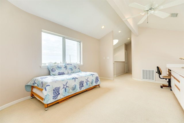 bedroom with ceiling fan, light colored carpet, and lofted ceiling with beams