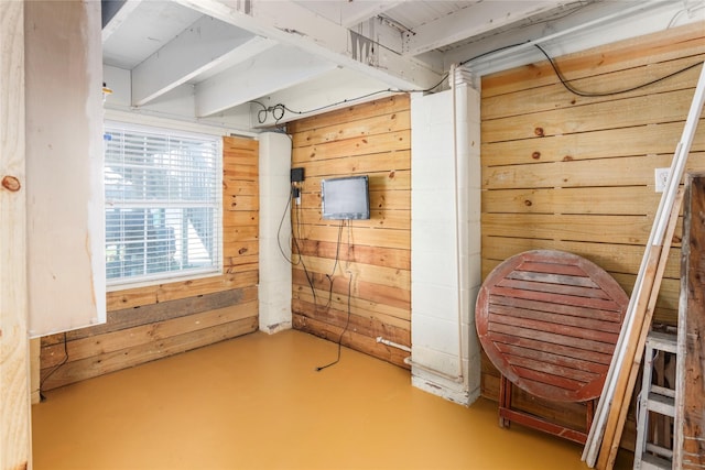 interior space featuring concrete flooring and wood walls