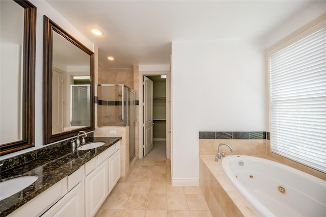 full bathroom with double vanity, a sink, a walk in closet, and a shower stall