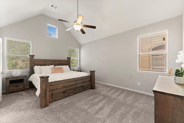 carpeted bedroom featuring high vaulted ceiling, visible vents, baseboards, and a ceiling fan