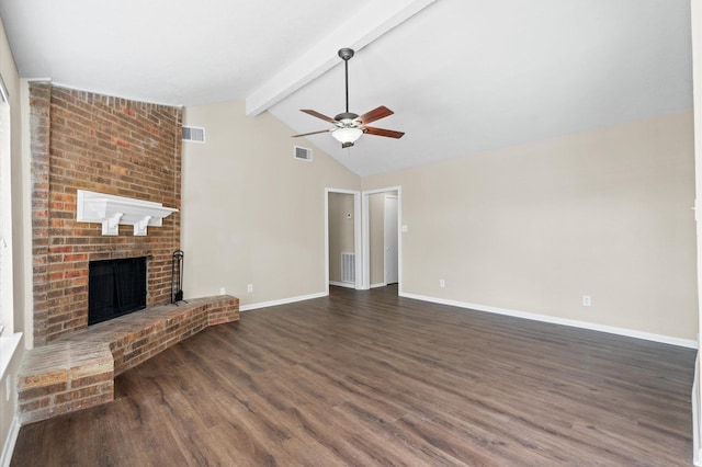 615 Harbor Mist Dr, Crosby, TX 77532 - unfurnished living room with a fireplace, dark hardwood / wood-style flooring, ceiling fan, high vaulted ceiling, and beamed ceiling