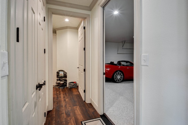 corridor featuring dark wood-type flooring