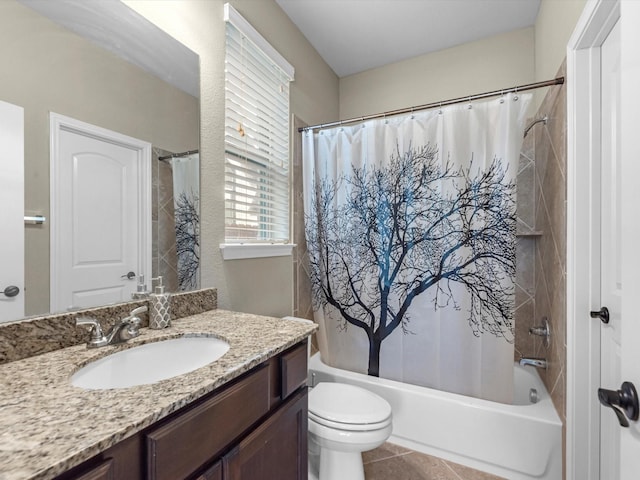 full bathroom with toilet, tile patterned floors, vanity, and shower / bathtub combination with curtain