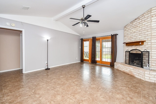 7018 Drowsy Pine Dr, Houston, TX 77092 - unfurnished living room with lofted ceiling with beams, a brick fireplace, and ceiling fan