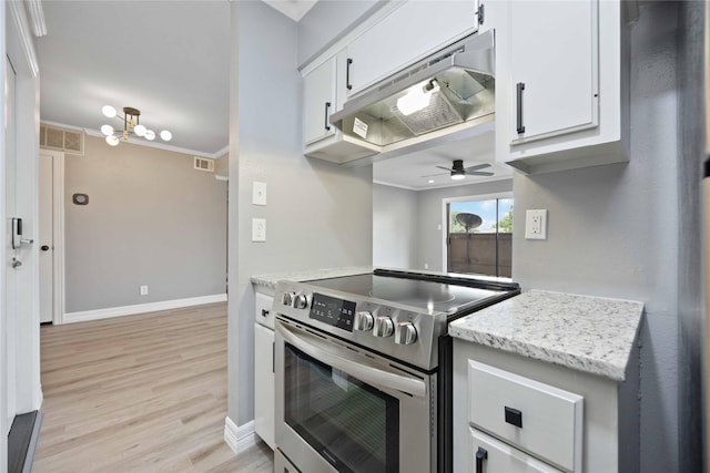 kitchen featuring electric stove, white cabinetry, light hardwood / wood-style flooring, and ornamental molding