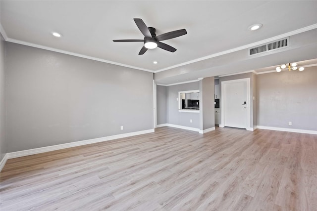 unfurnished living room with ornamental molding, ceiling fan with notable chandelier, and light hardwood / wood-style flooring