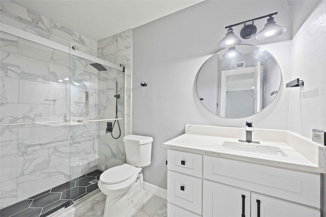 bathroom featuring walk in shower, vanity, and toilet