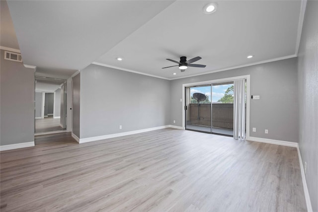 empty room with crown molding, light hardwood / wood-style floors, and ceiling fan