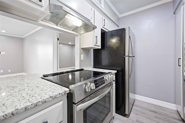 kitchen featuring crown molding, light hardwood / wood-style flooring, white cabinetry, electric range, and light stone countertops