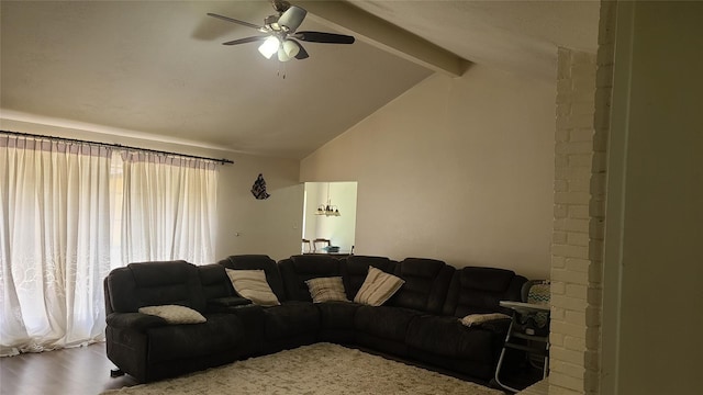 living room featuring vaulted ceiling with beams, hardwood / wood-style floors, and ceiling fan