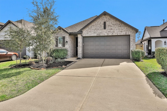 french country inspired facade featuring driveway, brick siding, a front lawn, and an attached garage