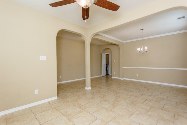 tiled empty room featuring ornamental molding and ceiling fan with notable chandelier