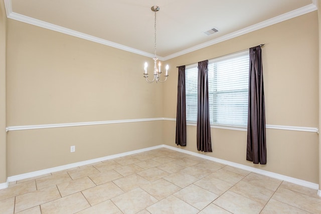 tiled spare room with crown molding and a notable chandelier