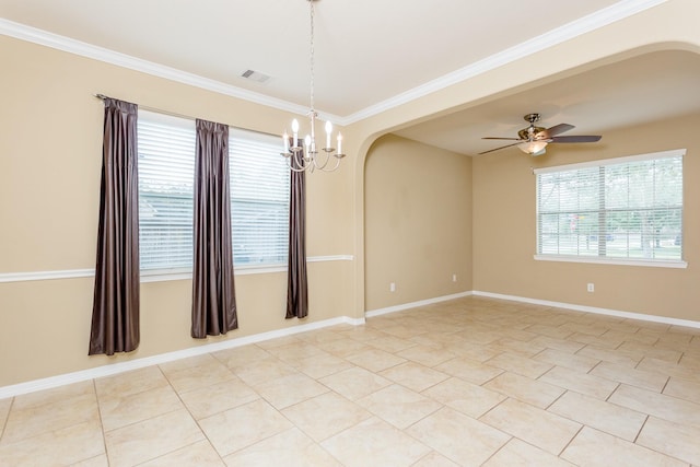 empty room featuring ornamental molding, ceiling fan with notable chandelier, and a wealth of natural light