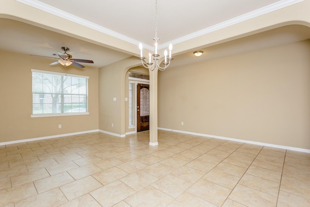 tiled empty room featuring crown molding and ceiling fan with notable chandelier