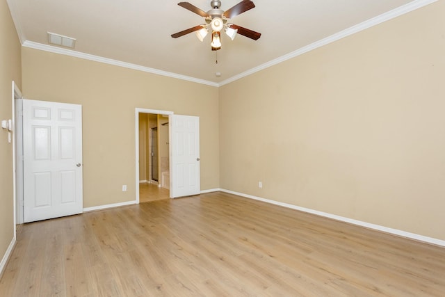 unfurnished bedroom with light hardwood / wood-style flooring, ornamental molding, and ceiling fan