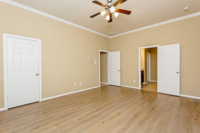 unfurnished bedroom featuring crown molding, ceiling fan, and light hardwood / wood-style flooring