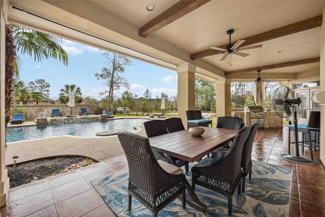 view of patio with a fenced in pool, area for grilling, and ceiling fan