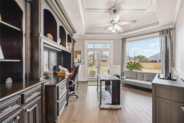 office area featuring hardwood / wood-style flooring, ornamental molding, french doors, and ceiling fan