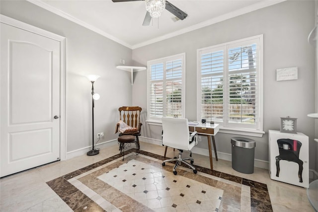 office with crown molding and ceiling fan