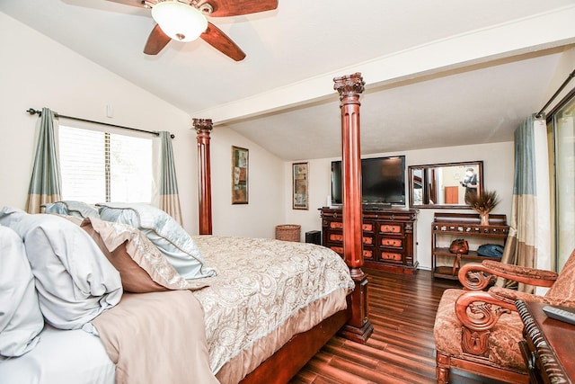 bedroom with dark hardwood / wood-style flooring, ceiling fan, and lofted ceiling