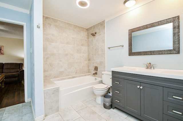 full bathroom featuring ornamental molding, tile patterned flooring, vanity, and toilet