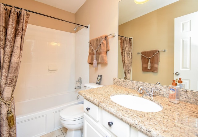 bathroom with tile patterned floors, vanity, toilet, and shower / bath combo with shower curtain