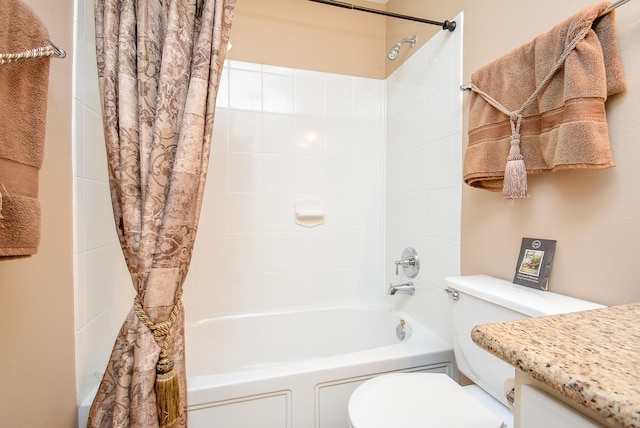 bathroom with vanity, toilet, and shower / bathtub combination with curtain