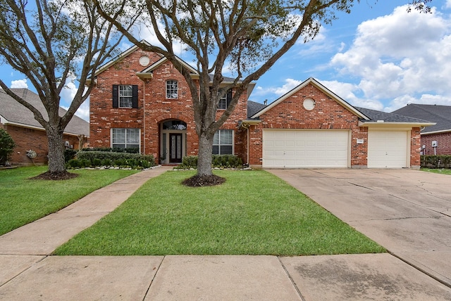 traditional-style home with an attached garage, a front yard, concrete driveway, and brick siding