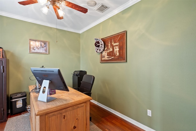 office with ornamental molding, dark hardwood / wood-style floors, and ceiling fan