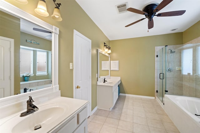 bathroom featuring vanity, tile patterned floors, ceiling fan, and plus walk in shower