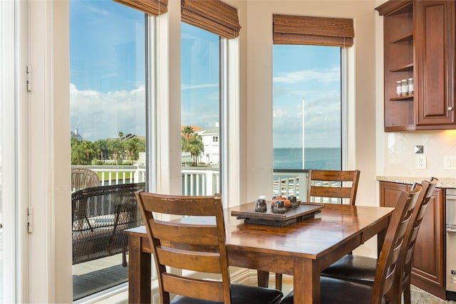 dining room with a healthy amount of sunlight and a water view