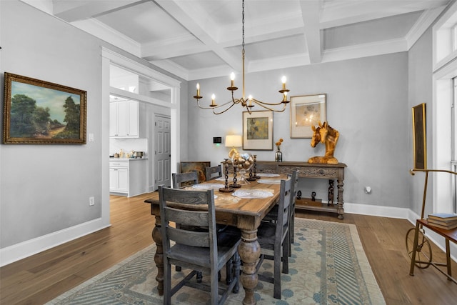 dining space featuring coffered ceiling, hardwood / wood-style floors, a chandelier, and beamed ceiling